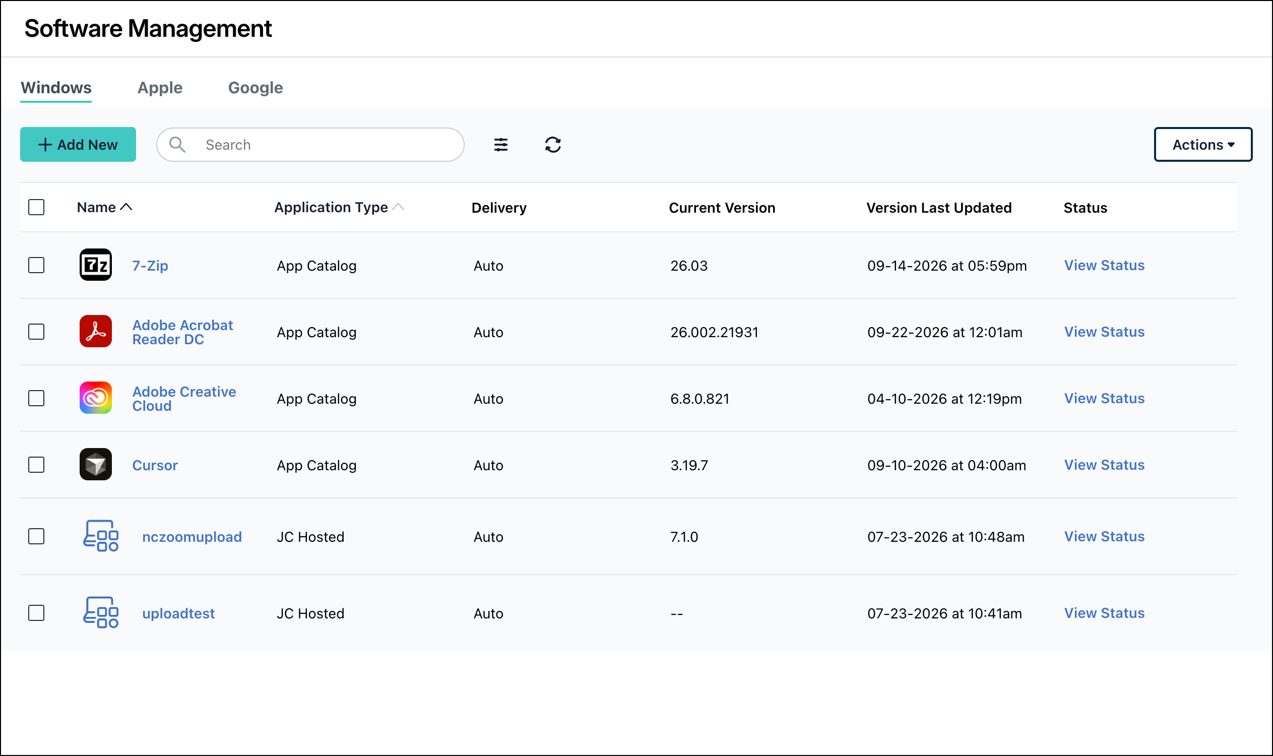 JumpCloud Software Management list view showing Windows applications, their application types, current versions, and status links.