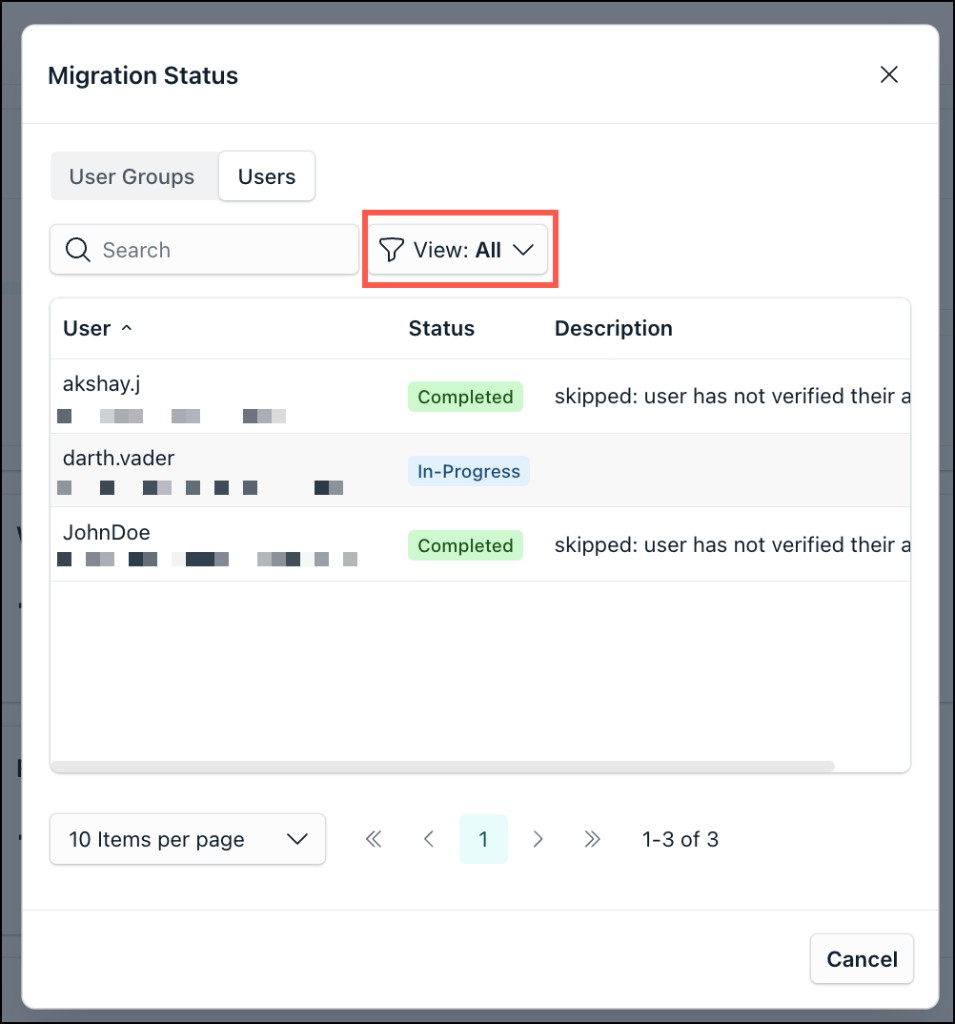 A screenshot showing the Migration Status dialog with user filters.