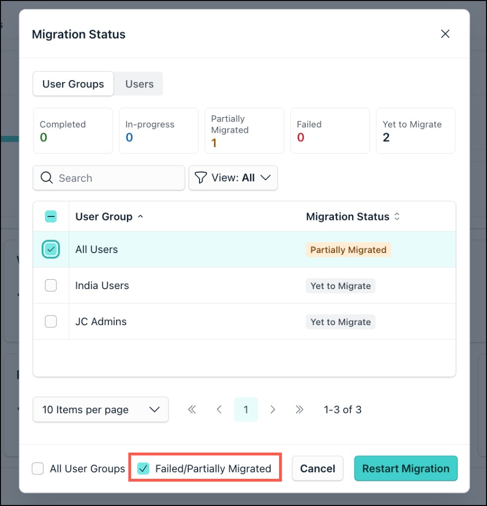 A screenshot showing Restart Migration for failed or partially migrated groups.