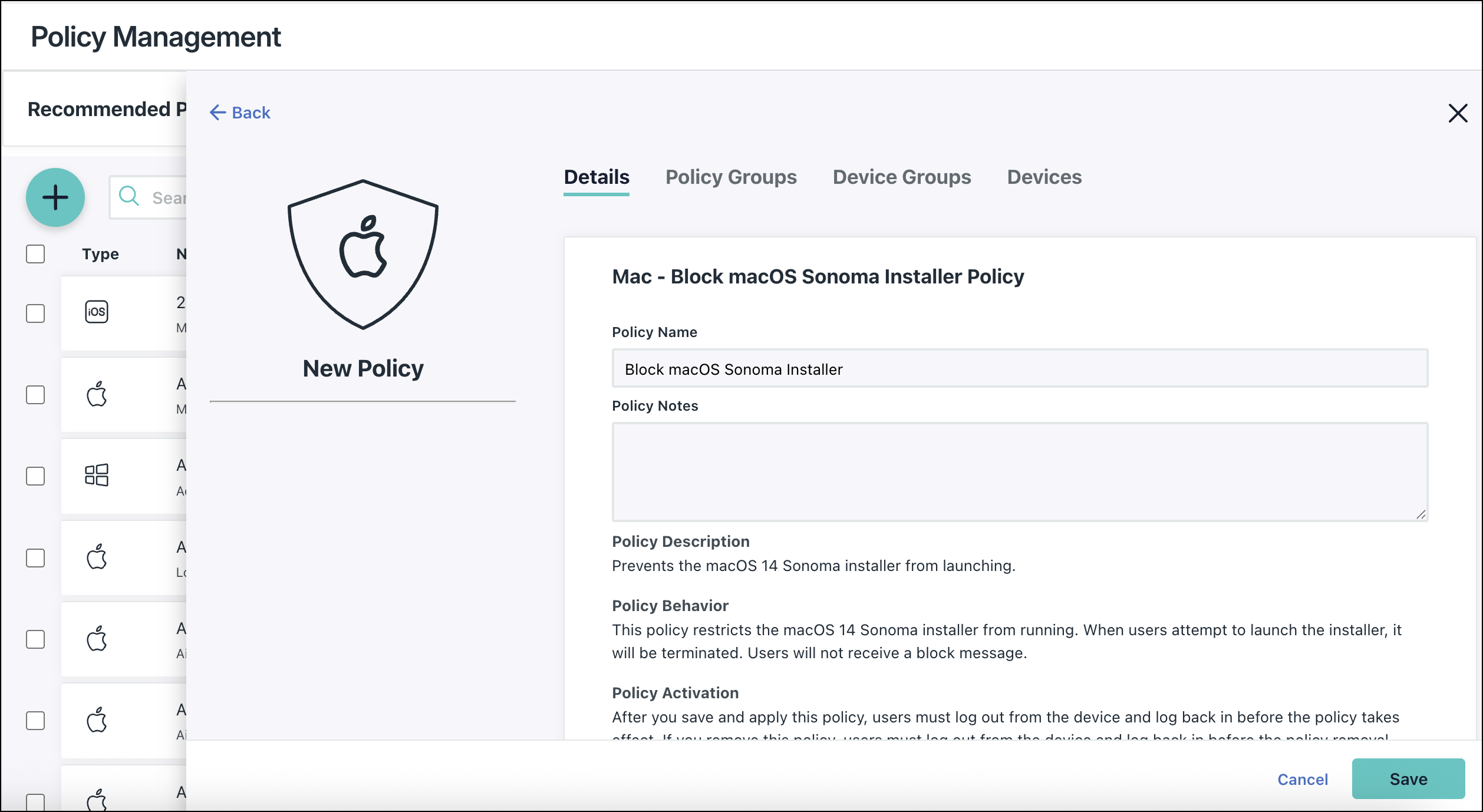A screenshot showing the block macOS Sonoma installer policy details in JumpCloud Admin portal.
