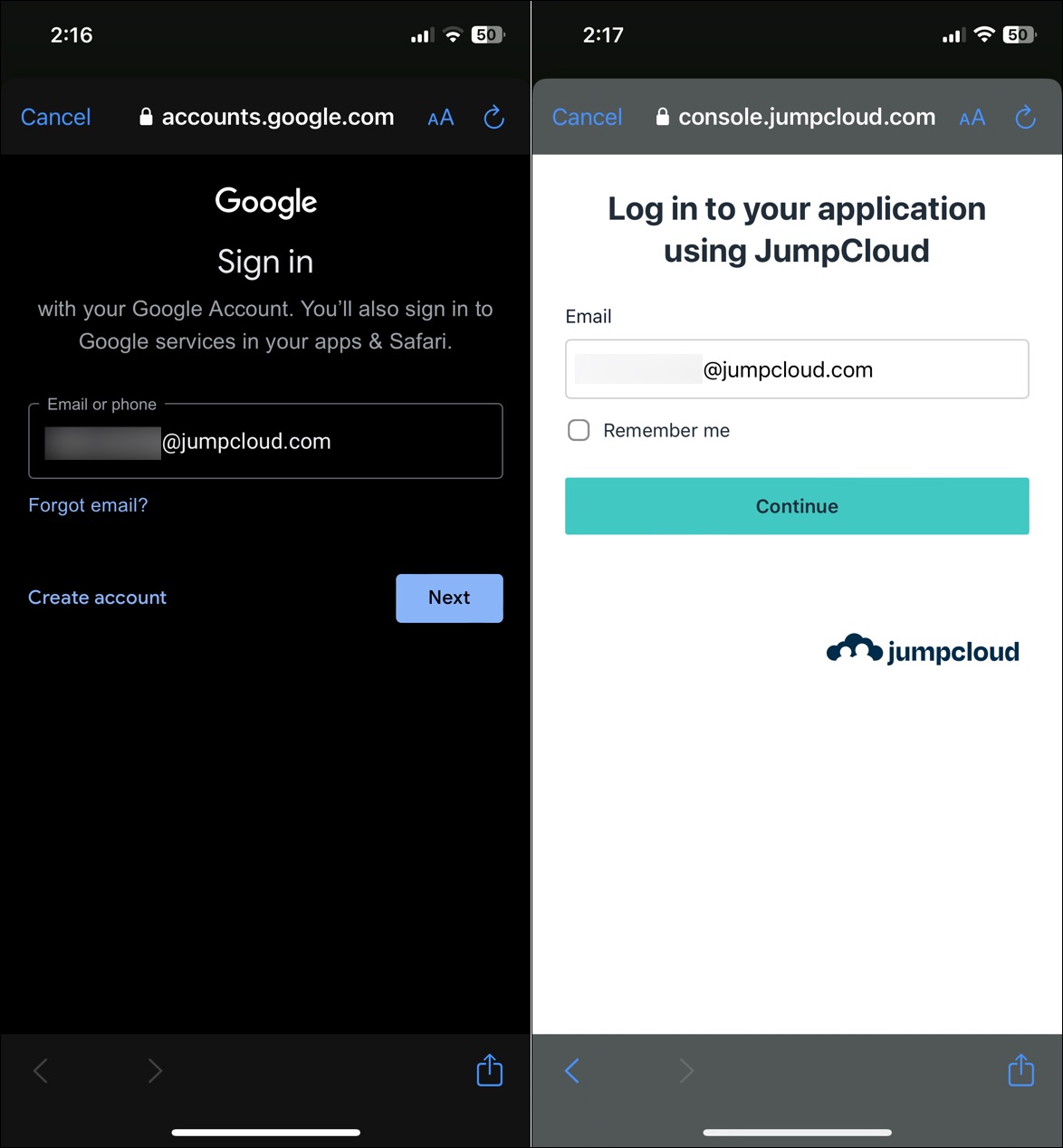 Redirected to JumpCloud SSO to sign in to Google Workspace application on mobile (iOS).