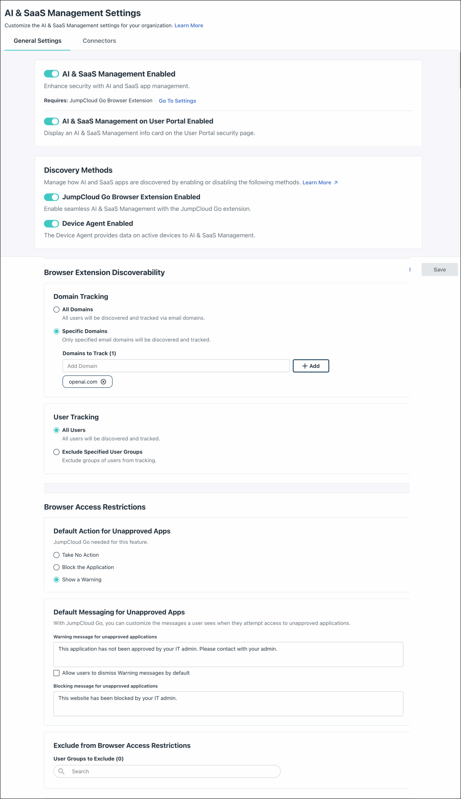 JumpCloud AI & SaaS Management Settings page showing discovery and access restriction options