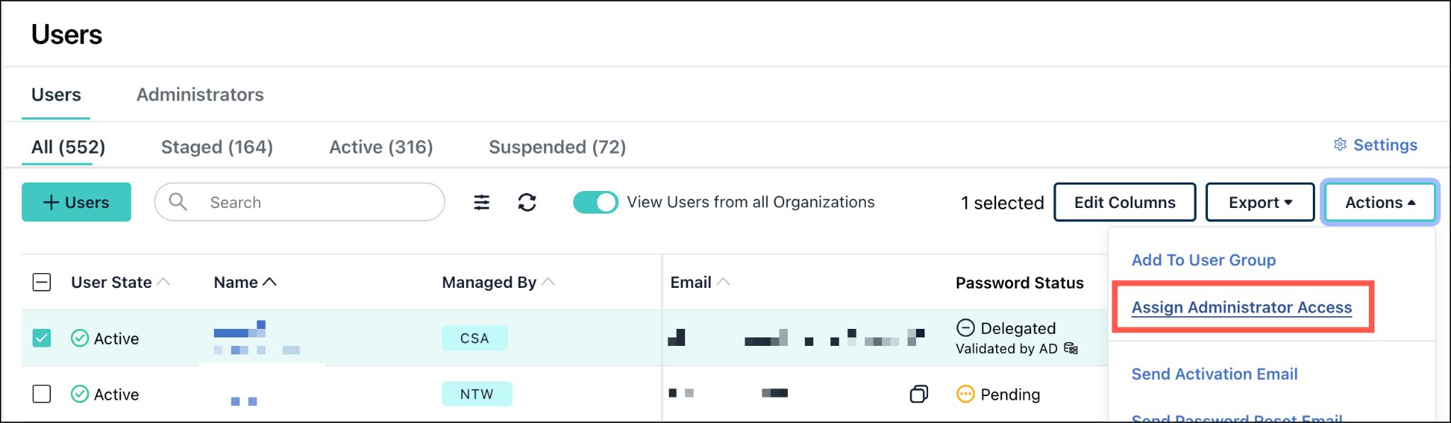 A screenshot showing 'Assign Administrator Access' option in new Enterprise Portal