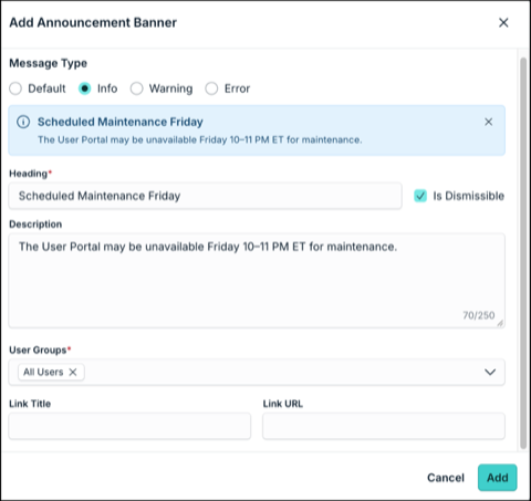 Add Announcement Banner modal with Message Type, Heading, Description, and User Groups
