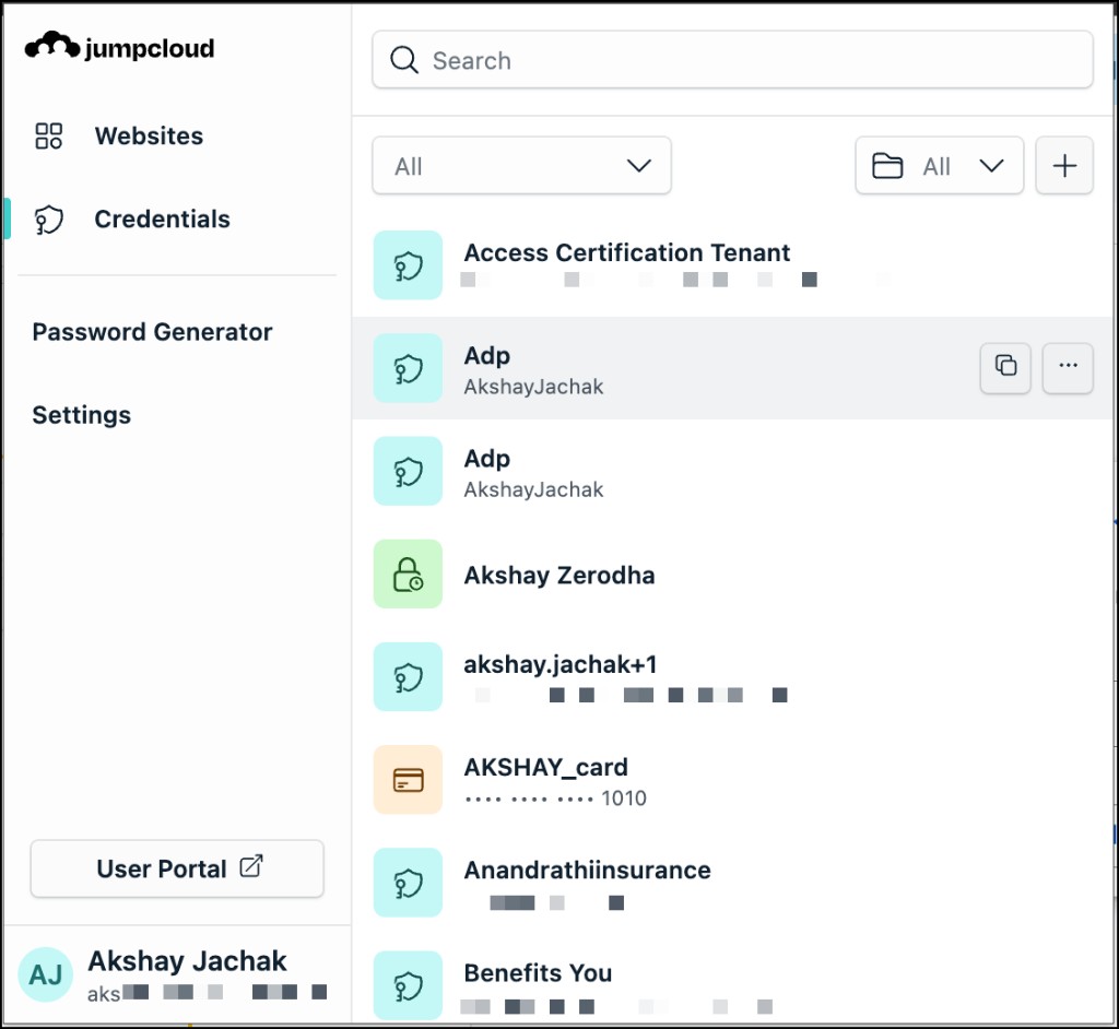 JumpCloud Go browser extension Credentials section with search, type and folder filters, and credential list