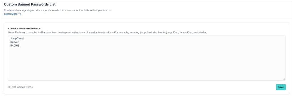 Custom Banned Passwords List page showing example banned terms and the Save button.