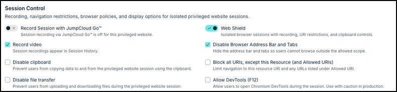 Session Control options including Web Shield