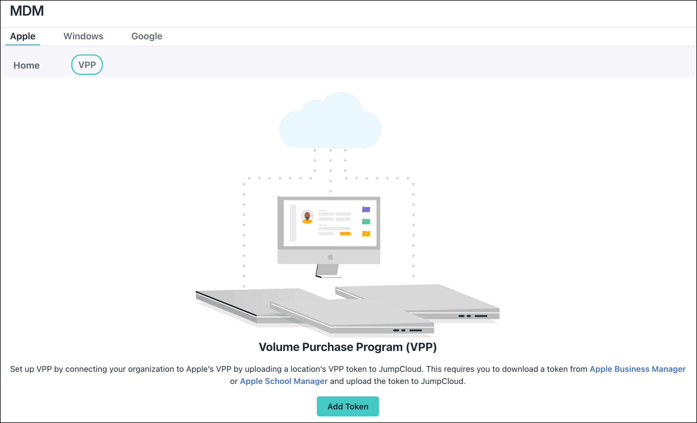 JumpCloud MDM VPP configuration screen with cloud icon and Mac computer illustration
