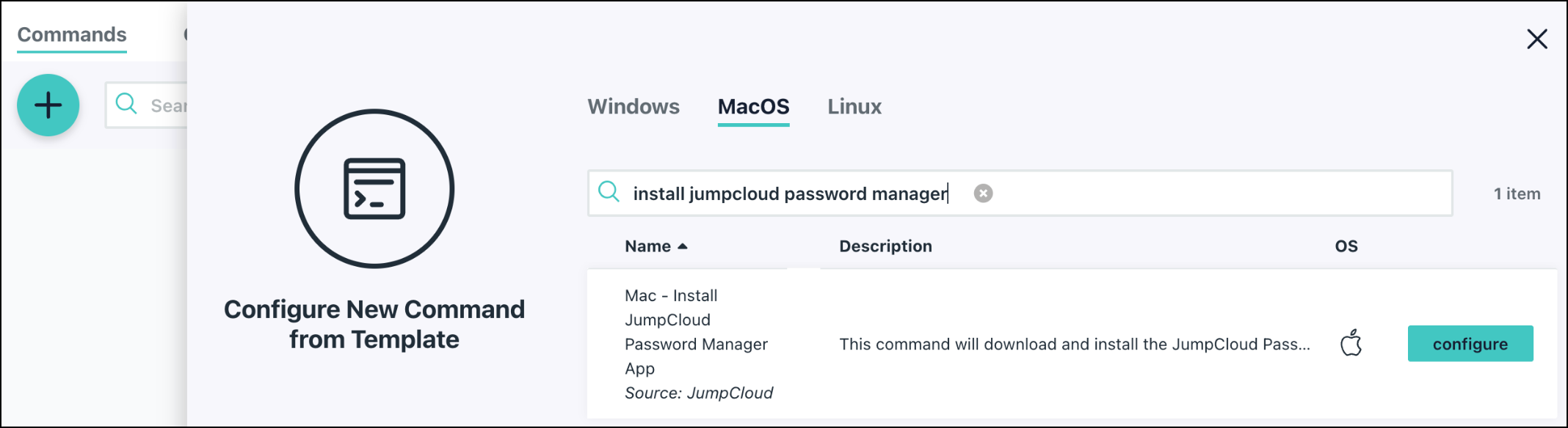 JumpCloud Admin Portal showing the "Configure New Command from Template" window with a search for "install jumpcloud password manager" in the MacOS tab.
