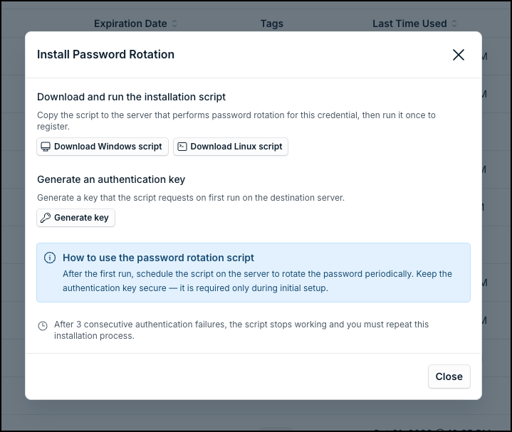 Password rotation script authentication on the server