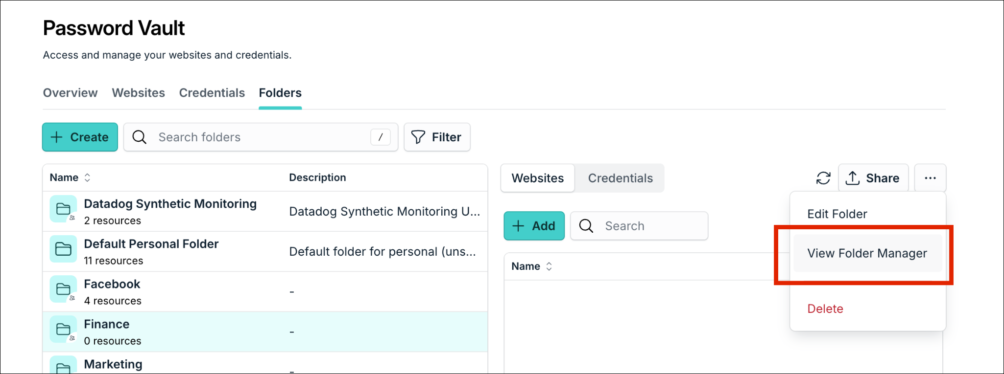 A screenshot showing Folders tab in Password Vault.