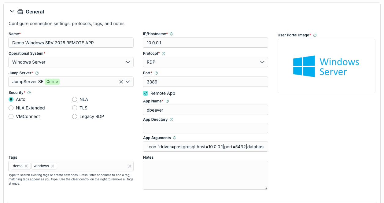 Remote App fields: App Name, App Directory, and App Arguments