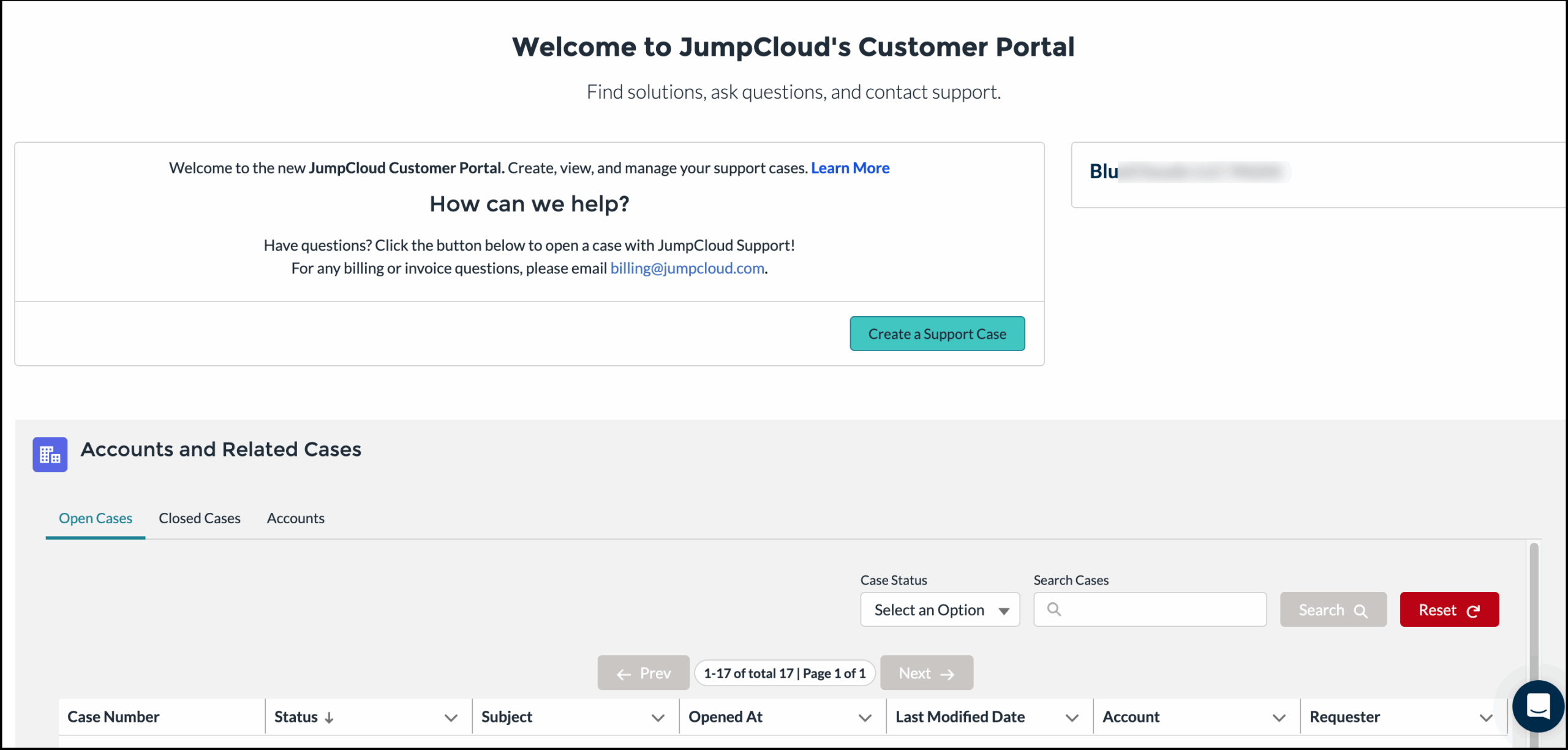 JumpCloud Customer Portal showing the "Create a Support Case" button.