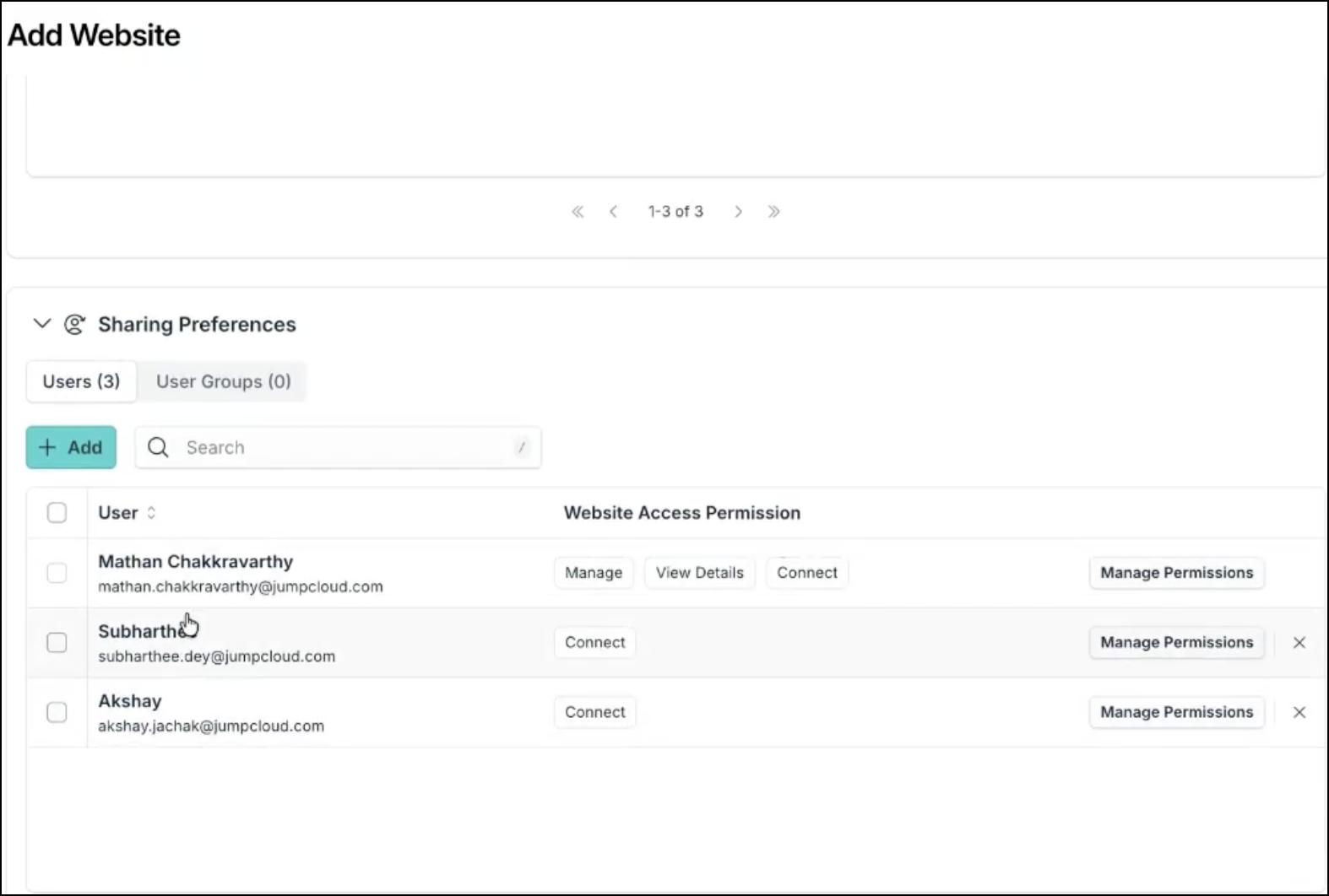 Add Website screen showing Sharing Preferences for users