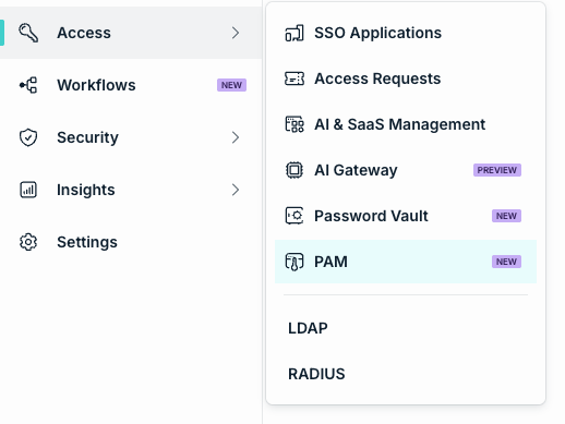 Access menu in the JumpCloud Admin Portal with PAM selected.