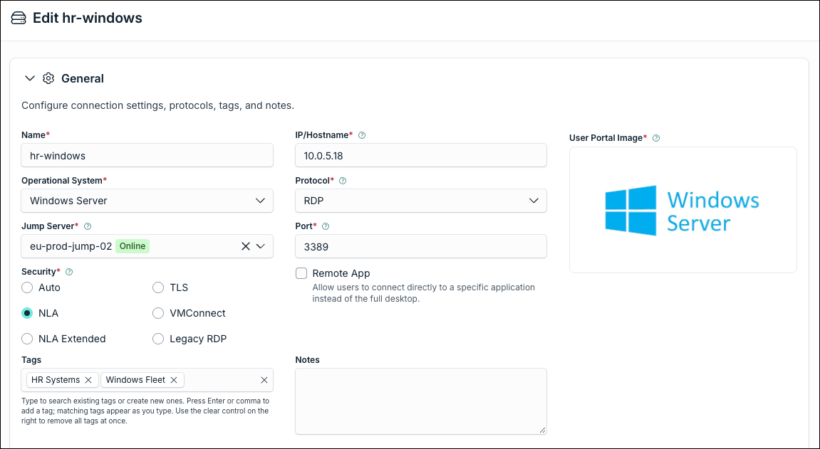 JumpCloud Admin Portal server edit screen showing the RDP security setting with NLA or Auto highlighted