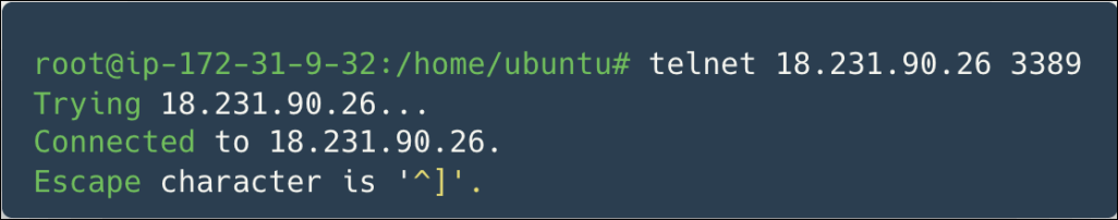 Successful telnet test from the Linux server where the Jump Server is installed to the target IP and RDP port