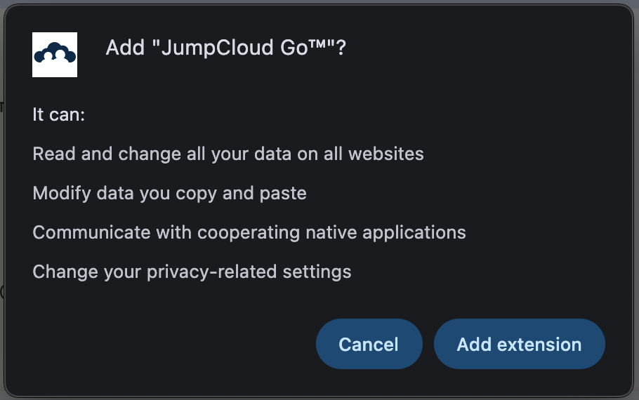 Chrome Add JumpCloud Go™ dialog with Add extension