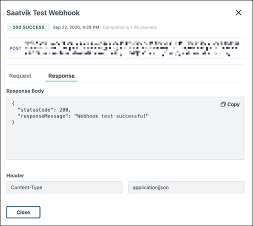This image displays a successful JumpCloud webhook test response.