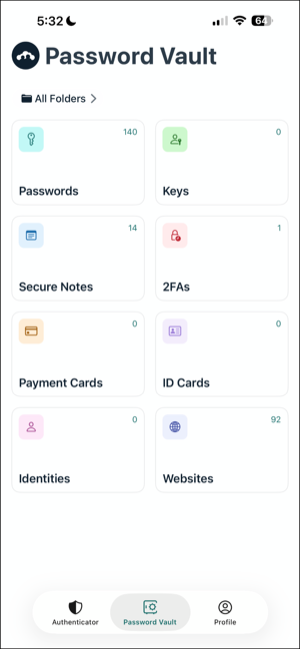 A screen showing the Password Vault User Interface in JumpCloud Protect app