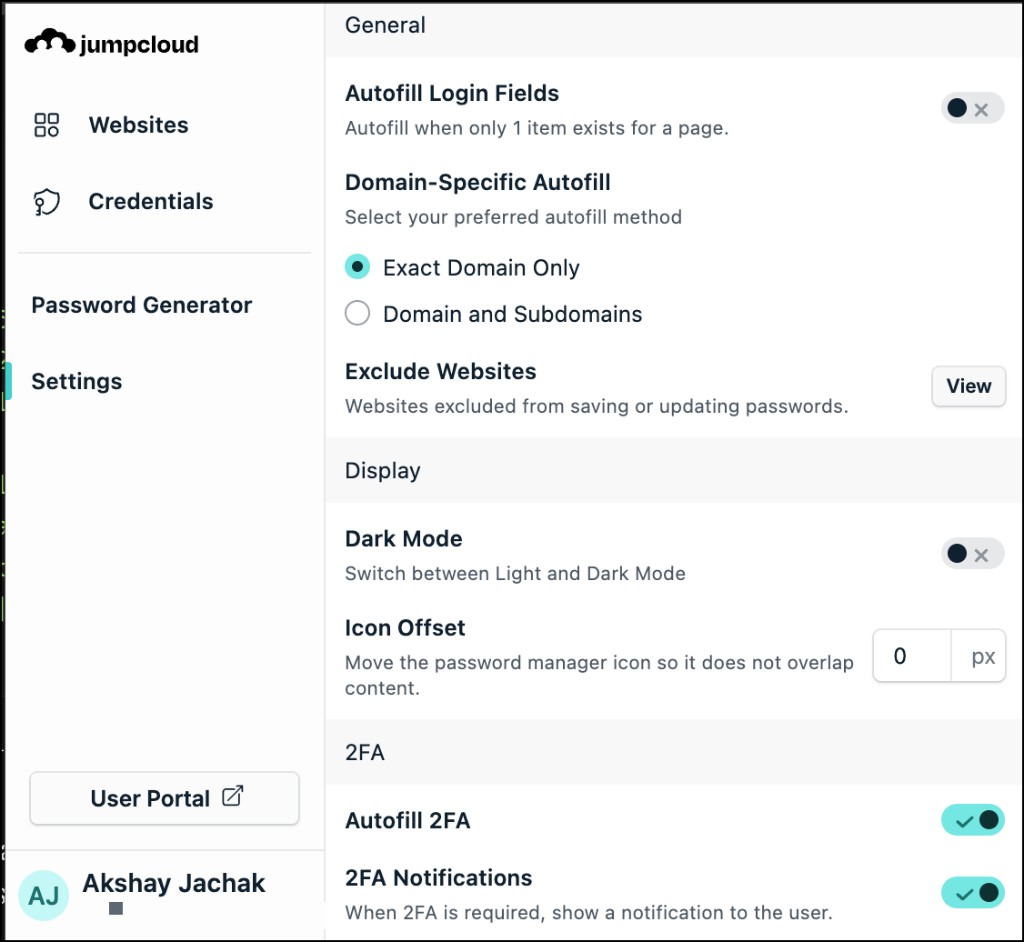 Settings in the JumpCloud Go browser extension