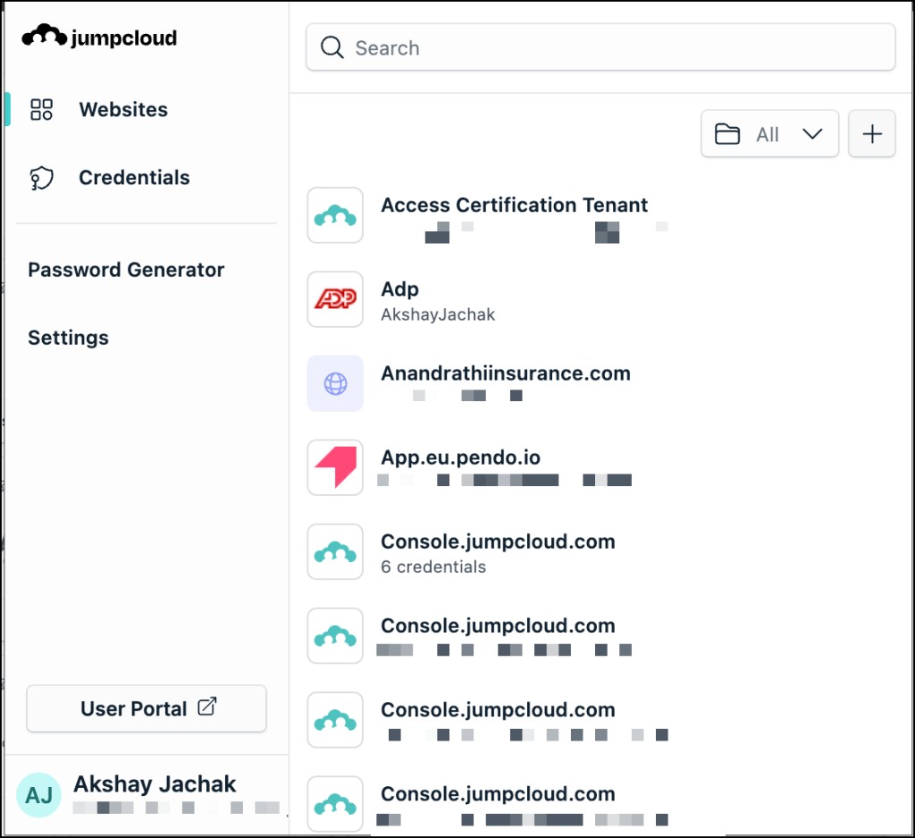 JumpCloud Go browser extension Websites section with search, folder filter, and website list